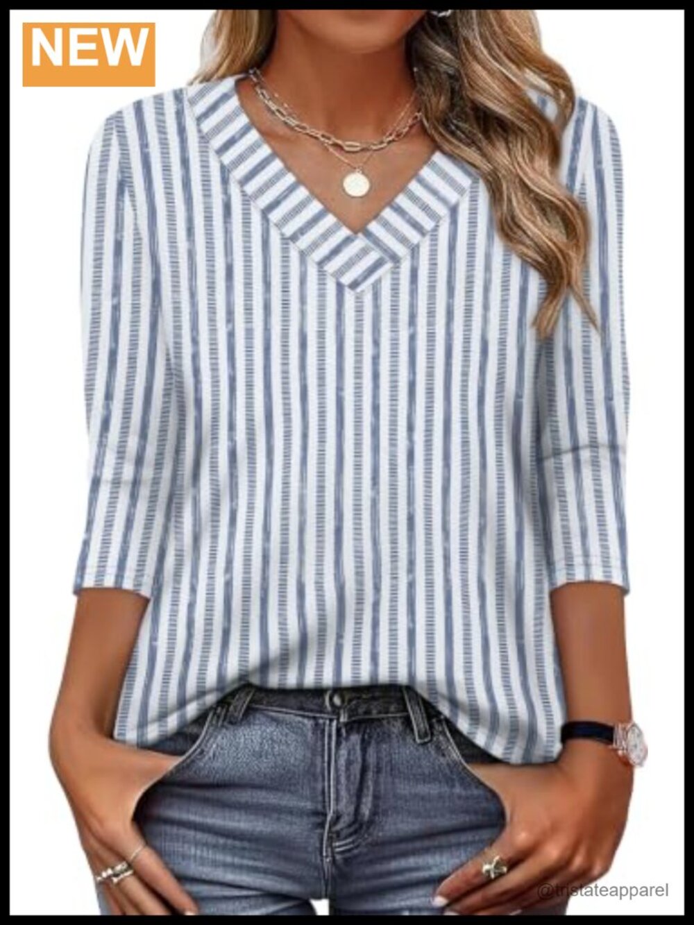 Women V Neck 3/4 Sleeve T Shirt Loose Fit Casual Top